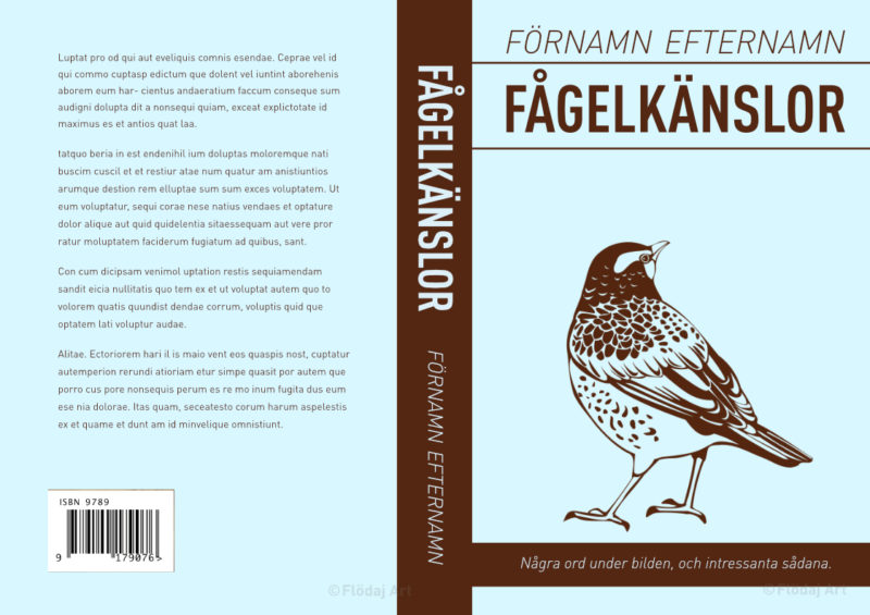 Bokomslag för tryckt bok, i ljudblått med bruna detaljer, en tecknad fågel står i mitten. Titeln ”Fågelkänslor” står i lättläst sans serif i högt upp på sidan.