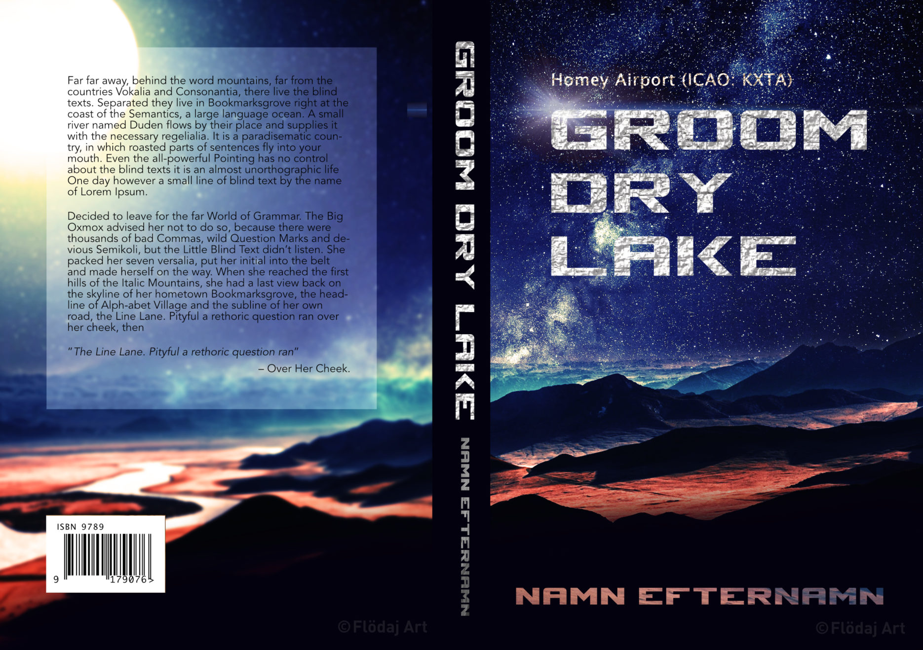 Bokomslag till tryckt bok med bild på mark på en annan, rödaktig planet. Mycket stjärnor ger ett intryck att vara ett rymdäventyr. Titel ”Groom Lake”, av Flödaj art.jpg